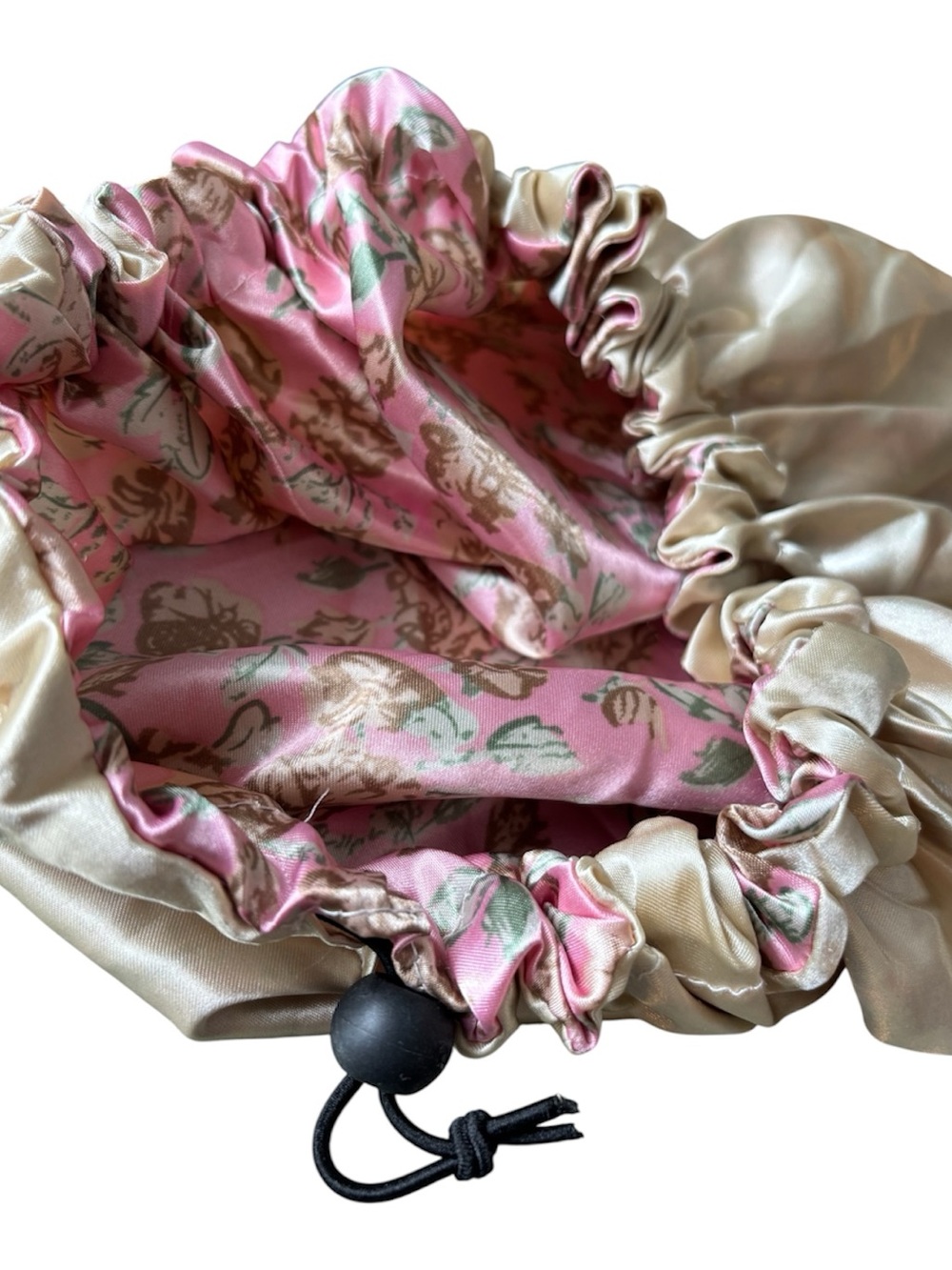 Satin Drawstring Hair Bonnet- Pink Floral & Champagne